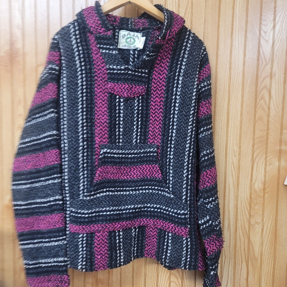 Baja Joe Pink Boho Hippie Hoodie Mexican Poncho Gorpcore Surf Grunge Retro Med